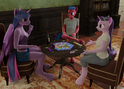 Size: 1792x1280 | Tagged: safe, artist:stellarator, imported from derpibooru, starlight glimmer, twilight sparkle, oc, oc:juicebox, alicorn, anthro, unguligrade anthro, unicorn, comic:a morning with the night, 3d, blender, blender cycles, board game, comic, cycles render, twilight sparkle (alicorn)