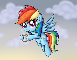 Size: 4194x3251 | Tagged: safe, artist:background basset, imported from derpibooru, rainbow dash, pegasus, pony, cloud, coffee, coffee mug, cute, dashabetes, emanata, flying, mug, solo, spread wings, wings