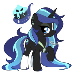 Size: 2000x1927 | Tagged: safe, artist:dixieadopts, imported from derpibooru, oc, oc only, oc:midnight facade, pony, unicorn, blaze (coat marking), blue eyes, coat markings, colored hooves, ear piercing, earring, facial markings, female, freckles, horn, jewelry, long mane, looking at you, mare, necklace, parent:oc, parent:shining armor, parents:canon x oc, piercing, raised hoof, simple background, skull, smiling, socks (coat markings), solo, standing, transparent background, unicorn oc, unshorn fetlocks