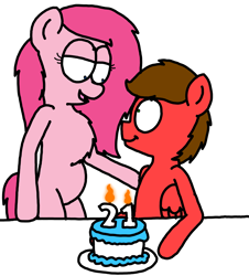 Size: 3023x3351 | Tagged: safe, artist:professorventurer, imported from derpibooru, oc, oc:cassie venturer, oc:professor venturer, earth pony, pegasus, pony, 21, birthday, birthday cake, cake, chest fluff, female, food, husband and wife, looking at each other, looking at someone, male, shipping, simple background, white background