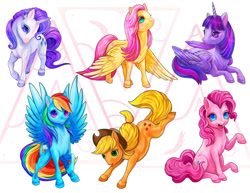 Size: 900x696 | Tagged: safe, artist:leashe, imported from derpibooru, applejack, fluttershy, pinkie pie, rainbow dash, rarity, twilight sparkle, alicorn, earth pony, pegasus, pony, unicorn, female, mane six, mare, obtrusive watermark, simple background, spread wings, twilight sparkle (alicorn), watermark, white background, wings, wings down