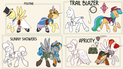 Size: 3755x2117 | Tagged: safe, imported from derpibooru, oc, alicorn, earth pony, pegasus, pony, belt, boots, clothes, convention, convention art, costume, digital art, eyes closed, goggles, goggles on head, hat, luggage, mascot, monocle, pocket watch, reference sheet, shoes, spread wings, steampunk, vanhoover, vanhoover pony expo, wings