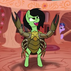 Size: 4096x4096 | Tagged: safe, artist:barhandar, imported from twibooru, twilight sparkle, oc, oc:filly anon, crab, earth pony, pony, unicorn, animal costume, clothes, costume, crab costume, duo, female, filly, funny background event, grin, image, looking at you, mare, peek, peeking, png, rearing, signature, smiling