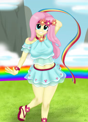 Size: 1280x1761 | Tagged: safe, artist:lennondash, imported from derpibooru, fluttershy, human, equestria girls, rainbow falls, arm behind head, breasts, busty fluttershy, clothes, cloud, cute, equestria girls interpretation, female, floral head wreath, flower, grin, looking at you, midriff, rainbow, sandals, scene interpretation, see-through, shyabetes, skirt, smiling, solo