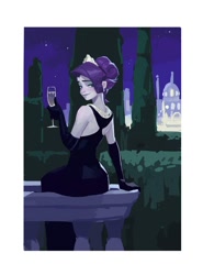 Size: 887x1200 | Tagged: safe, artist:hyung7754, imported from derpibooru, rarity, equestria girls, alcohol, champagne, champagne glass, clothes, dress, drink, evening gloves, evening gown, garden, gloves, gown, jewelry, lidded eyes, long gloves, looking at you, looking back, looking back at you, necklace, smiling, solo, tiara, wine