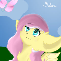 Size: 1024x1024 | Tagged: safe, artist:ilikeluna, imported from derpibooru, fluttershy, butterfly, pegasus, pony, :3, big ears, chest fluff, cyan eyes, ear fluff, female, looking up, mare, smiling, solo, spread wings, wings