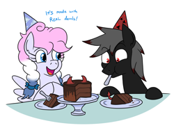 Size: 1486x1094 | Tagged: safe, artist:jargon scott, imported from derpibooru, oc, oc:blood stain, oc:heavy weather, earth pony, pegasus, birthday, birthday cake, cake, cute, devil horns, devil's food cake, dialogue, earth pony oc, food, fork, hat, horns, party hat, pegasus oc, simple background, white background, wings