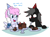 Size: 1486x1094 | Tagged: safe, artist:jargon scott, imported from derpibooru, oc, oc:blood stain, oc:heavy weather, earth pony, pegasus, birthday, birthday cake, cake, cute, devil horns, devil's food cake, dialogue, earth pony oc, food, fork, hat, horns, party hat, pegasus oc, simple background, white background, wings