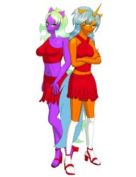 Size: 3000x3900 | Tagged: safe, artist:lullabyjak, imported from derpibooru, oc, oc:shrill, oc:thrill, anthro, pony, unicorn, casual clothes, clothes, commission, high heels, long socks, shoes, simple background, skirt