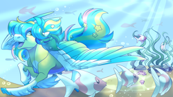 Size: 1920x1080 | Tagged: safe, artist:uunicornicc, imported from derpibooru, oc, oc only, crab, fish, pegasus, pony, starfish, bubble, commission, crepuscular rays, cute, digital art, feather, flowing mane, flowing tail, green eyes, happy, male, multicolored mane, multicolored tail, ocean, open mouth, open smile, seashell, seaweed, smiling, solo, spread wings, stallion, stallion oc, sunlight, swimming, tail, teeth, underwater, unshorn fetlocks, water, wings