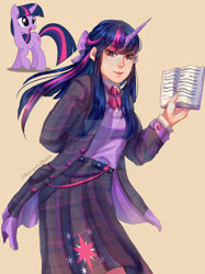 Size: 1280x1707 | Tagged: safe, artist:mariam246810, imported from derpibooru, twilight sparkle, human, pony, unicorn, belt, book, clothes, coat, deviantart watermark, female, horn, horned humanization, humanized, obtrusive watermark, shirt, simple background, skirt, solo, sweater vest, unicorn twilight, watermark, yellow background