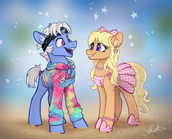 Size: 2328x1883 | Tagged: safe, artist:helmie-art, imported from derpibooru, earth pony, pony, barbie, barbie (film), bow, bracelet, clothes, dress, ear fluff, ear piercing, earring, grin, hair bow, headband, hoodie, hoof shoes, jewelry, ken, looking at each other, looking at someone, necklace, open mouth, piercing, pink eyes, ponified, purple eyes, sand, skirt, smiling, standing, stars, sundress, sweatshirt