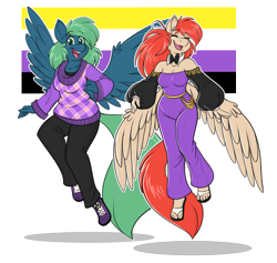Size: 3165x3000 | Tagged: safe, artist:emithegoat, imported from derpibooru, oc, oc only, anthro, pegasus, duo, female, flying, nonbinary, nonbinary pride flag, pride, pride flag