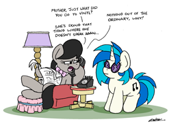 Size: 2463x1792 | Tagged: safe, artist:bobthedalek, imported from derpibooru, dj pon-3, octavia melody, vinyl scratch, earth pony, pony, unicorn, chair, crossed legs, dialogue, duo, female, hoof hold, lamp, mare, mute, mute vinyl, newspaper, offscreen character, phone, simple background, sitting, vinyl's glasses, white background
