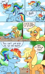 Size: 3190x5240 | Tagged: safe, artist:galaxy swirl, imported from derpibooru, applejack, rainbow dash, earth pony, pegasus, pony, comic:applecrash, alternate hairstyle, apple, appledash, biting, comic, duo, female, food, lesbian, pigtails, ponytail, shipping, tail, tail bite, tail pull, teenager