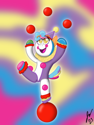 Size: 1620x2160 | Tagged: safe, idw, imported from derpibooru, ponyacci, earth pony, balancing, ball, circus, clown, comic, digital art, juggling, looking up, makeup, male, one leg raised, procreate app, smiling, stallion