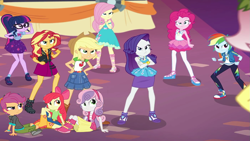 Size: 1197x676 | Tagged: safe, edit, edited screencap, editor:incredibubbleirishguy, imported from derpibooru, screencap, apple bloom, applejack, fluttershy, pinkie pie, rainbow dash, rarity, sci-twi, scootaloo, sunset shimmer, sweetie belle, twilight sparkle, equestria girls, equestria girls series, rollercoaster of friendship, angry, apple sisters, clothes, confrontation, converse, cropped, cutie mark crusaders, female, fluttershy boho dress, humane five, humane seven, humane six, rah rah skirt, rarity peplum dress, shoes, siblings, sisters, skirt, unamused