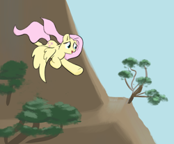 Size: 1200x1000 | Tagged: safe, artist:marrsund, imported from derpibooru, fluttershy, pegasus, pony, female, flying, g4, mare, open mouth, scenery, sky, smiling, solo, tree