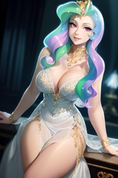 Size: 1024x1536 | Tagged: safe, editor:sammykun, imported from derpibooru, princess celestia, human, ai content, ai generated, big breasts, blurry background, bracelet, breasts, busty princess celestia, cleavage, clothes, crown, diamond, dress, female, gem, gold, humanized, jewelry, long hair, looking at you, necklace, prompter:sammykun, regalia, sitting, sleeveless, solo, thighs
