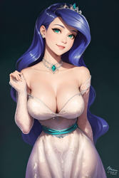 Size: 1024x1536 | Tagged: safe, editor:sammykun, imported from derpibooru, princess luna, human, ai content, ai generated, big breasts, blurry background, breasts, busty princess luna, cleavage, clothes, crown, diamond, dress, female, gem, gold, humanized, jewelry, long dress, long hair, looking at you, necklace, prompter:sammykun, regalia, shoulderless, sitting, solo, strapless, thighs, tiara