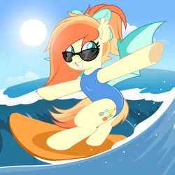 Size: 5000x5000 | Tagged: safe, artist:jhayarr23, imported from derpibooru, oc, oc only, oc:sunshine drift, bat pony, pony, bat ears, bat pony oc, bat wings, bipedal, bow, clothes, commission, female, hair bow, mare, ocean, solo, sun, sunglasses, surfboard, surfing, swimsuit, water, wave, wings, ych result