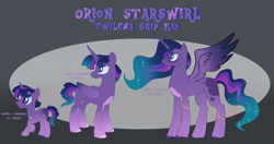 Size: 3547x1877 | Tagged: safe, artist:arodovecaidwa, imported from derpibooru, oc, oc only, oc:orion starswirl, alicorn, hybrid, pony, age progression, colt, foal, magical lesbian spawn, male, mlp : true colors, next generation, offspring, older, parent:princess luna, parent:twilight sparkle, parents:twiluna, stallion