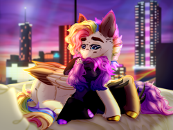 Size: 4275x3197 | Tagged: safe, artist:hell-fire13, imported from derpibooru, oc, oc only, pegasus, pony, building, colored wings, duo, hoof polish, indoors, multicolored hair, night, nuzzling, oc x oc, pegasus oc, rainbow hair, shipping, two toned wings, wings