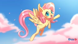 Size: 3840x2160 | Tagged: safe, artist:duderedblue, artist:mineiwi, imported from derpibooru, fluttershy, pegasus, pony, collaboration, eyelashes, female, flying, mare, outdoors, signature, smiling, solo, wings