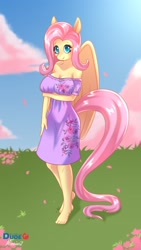 Size: 2160x3840 | Tagged: safe, artist:duderedblue, artist:mineiwi, imported from derpibooru, fluttershy, oc, anthro, pegasus, plantigrade anthro, arm under breasts, barefoot, breasts, busty fluttershy, clothes, collaboration, dress, feet, female, outdoors, pegasus oc, signature, smiling, solo, wings