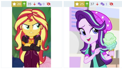 Size: 594x337 | Tagged: safe, imported from derpibooru, starlight glimmer, sunset shimmer, derpibooru, equestria girls, equestria girls series, mirror magic, sunset's backstage pass!, spoiler:eqg series (season 2), spoiler:eqg specials, angry, cute, food, glimmerbetes, ice cream, jealous, juxtaposition, juxtaposition win, madorable, meme, meta, shimmerbetes, sunset shimmer is not amused, unamused