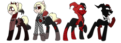 Size: 2500x900 | Tagged: safe, artist:fuckomcfuck, imported from derpibooru, oc, oc only, oc:crimson bat, oc:hysteria, oc:lady deathstroke, oc:spider-jester, earth pony, pony, armor, batman, belt, boots, clothes, commission, dc comics, deathstroke, eyepatch, female, gloves, grin, harley quinn, knee pads, mare, marvel, mask, pants, ponified, ponified oc, raised hoof, shoes, simple background, skirt, smiling, spider-man, superhero, superhero costume, symbiote, transparent background