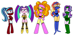 Size: 1600x800 | Tagged: safe, artist:fuckomcfuck, imported from derpibooru, adagio dazzle, aria blaze, sonata dusk, starlight glimmer, sunset shimmer, equestria girls, belt, boots, clothes, commission, cosplay, costume, crossover, evening gloves, female, gloves, headband, jade (mortal kombat), kitana, long gloves, looking at each other, looking at someone, mask, mileena, mortal kombat, shoes, simple background, size difference, skarlet, spandex, tanya, the dazzlings, transparent background