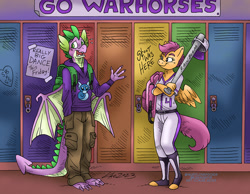 Size: 1291x1000 | Tagged: safe, artist:kaemantis, imported from ponybooru, scootaloo, spike, anthro, dragon, pegasus, plantigrade anthro, baseball bat, clothes, commission, duo, female, hand in pocket, lockers, male, mare, older, older scootaloo, older spike, scootaspike, shipping, smiling, sports outfit, straight, winged spike