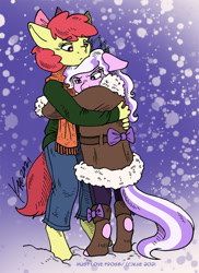 Size: 872x1200 | Tagged: safe, artist:kaemantis, imported from ponybooru, apple bloom, diamond tiara, anthro, earth pony, unguligrade anthro, clothes, coat, commission, diamondbloom, ears, female, floppy ears, height difference, hug, lesbian, shipping, snow, snowfall