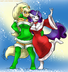 Size: 935x1000 | Tagged: safe, artist:kaemantis, imported from ponybooru, applejack, rarity, anthro, earth pony, unguligrade anthro, unicorn, breasts, busty applejack, busty rarity, choker, cleavage, clothes, commission, dress, female, freckles, lesbian, mare, rarijack, shipping, shoulder freckles, snow, stockings, thigh highs