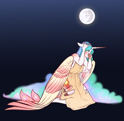 Size: 760x740 | Tagged: safe, artist:blackblood-queen, imported from ponybooru, nightmare moon, princess celestia, alicorn, anthro, unguligrade anthro, clothes, crying, digital art, female, full moon, kneeling, loose hair, mare in the moon, moon, solo, torn clothes