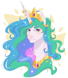 Size: 2480x2840 | Tagged: safe, artist:redfoxii, imported from derpibooru, princess celestia, alicorn, pony, abstract background, bust, crown, ethereal mane, female, horn, horn jewelry, jewelry, mare, peytral, portrait, regalia, signature, smiling, solo