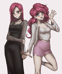 Size: 3133x3692 | Tagged: safe, artist:shrimpring, imported from derpibooru, pinkie pie, human, choker, clothes, duality, duo, female, humanized, pinkamena diane pie, shorts, simple background, smiling, waving