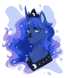 Size: 2480x2840 | Tagged: safe, artist:redfoxii, imported from derpibooru, princess luna, alicorn, pony, abstract background, bust, coat markings, crown, ethereal mane, facial markings, female, horn, horn jewelry, jewelry, mare, peytral, portrait, regalia, signature, solo, star (coat marking)