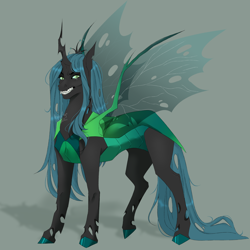 Size: 3000x3000 | Tagged: safe, artist:redfoxii, imported from derpibooru, queen chrysalis, changeling, changeling queen, angry, female, gray background, scowl, shadow, sharp teeth, signature, simple background, solo, spread wings, teeth, wings