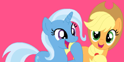Size: 508x255 | Tagged: safe, artist:jadeharmony, artist:mak2020, imported from derpibooru, applejack, trixie, earth pony, pony, unicorn, applejack's hat, base used, cowboy hat, duo, female, hat, lesbian, mare, open mouth, raised hoof, shipping, tripplejack