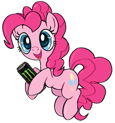 Size: 711x759 | Tagged: safe, artist:muffinz, imported from derpibooru, pinkie pie, earth pony, pony, caffeine, cute, diapinkes, drink, energy drink, female, holding, mare, monster, monster energy, oh no, open mouth, open smile, run for your lives, simple background, smiling, solo, this will not end well, transparent background, we're all doomed, xk-class end-of-the-world scenario