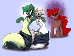Size: 4096x3095 | Tagged: safe, artist:kebchach, imported from derpibooru, oc, oc only, oc:dalar, oc:hardy, oc:judith, alicorn, lamia, original species, pony, snake, snake pony, angry, chains, clothes, forked tongue, glasses, long tongue, male, pants, singing, stallion, tongue out