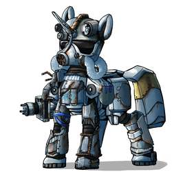 Size: 2700x2700 | Tagged: safe, artist:uteuk, imported from derpibooru, oc, oc only, pony, fallout equestria, armor, fallout, laser gun, minigun, power armor, rust