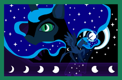 Size: 2052x1352 | Tagged: safe, artist:foldawaywings, imported from derpibooru, princess luna, alicorn, pony, dark background, ethereal mane, female, lunar phases, mare, slit pupils, starry mane