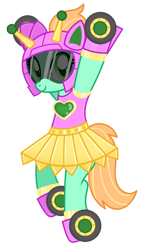 Size: 640x1100 | Tagged: safe, artist:jennieoo, imported from derpibooru, oc, oc:goldheart, pony, robot, robot pony, clothes, commission, female, helmet, hooves up, looking at you, mare, simple background, skirt, smiling, smiling at you, solo, transparent background, vector