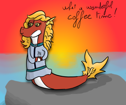 Size: 1200x1000 | Tagged: safe, artist:emir de la moquette, imported from derpibooru, oc, oc:posada, seapony (g4), equestria at war mod, clothes, coffee, hatless, missing accessory, ocean, rock, sky, sunset, water