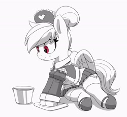 Size: 2694x2463 | Tagged: safe, artist:pabbley, imported from derpibooru, rainbow dash, pegasus, pony, alternate hairstyle, bucket, clothes, female, grayscale, hair bun, maid, maid headdress, mare, monochrome, partial color, rainbow maid, simple background, sitting, smiling, solo, white background