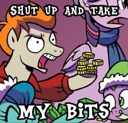 Size: 791x762 | Tagged: safe, artist:brendahickey, edit, editor:doc anubis, idw, imported from derpibooru, spike, twilight sparkle, alicorn, dragon, pony, spoiler:comic, spoiler:comicholiday2017, bits, caption, cropped, futurama, gem, image macro, male, meme, philip j. fry, reaction image, shut up and take my money, simple background, solo focus, text, twilight sparkle (alicorn)