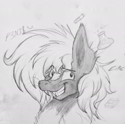 Size: 1925x1909 | Tagged: safe, artist:reekosukanku, imported from derpibooru, oc, oc:reeko, earth pony, pony, skunk, skunk pony, big ears, black and white, bust, fangs, grayscale, looking at you, messy mane, monochrome, pencil drawing, photo, simple background, sketch, sketch dump, smiling, smiling at you, solo, traditional art, wide smile